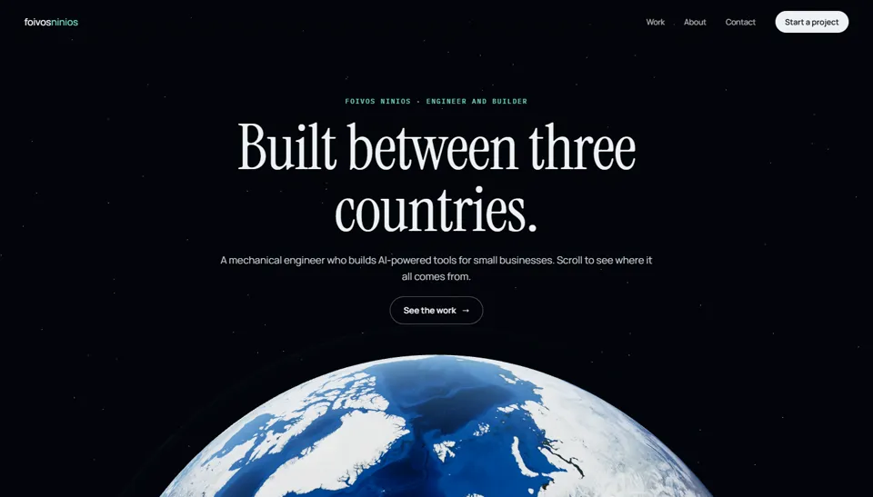 Direction F: The Earth rising below the serif headline Built between three countries.