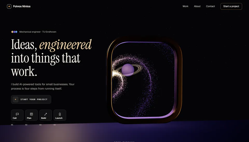 Direction H: A gold-rimmed window on a dark floor showing a spiral galaxy and a ringed planet.